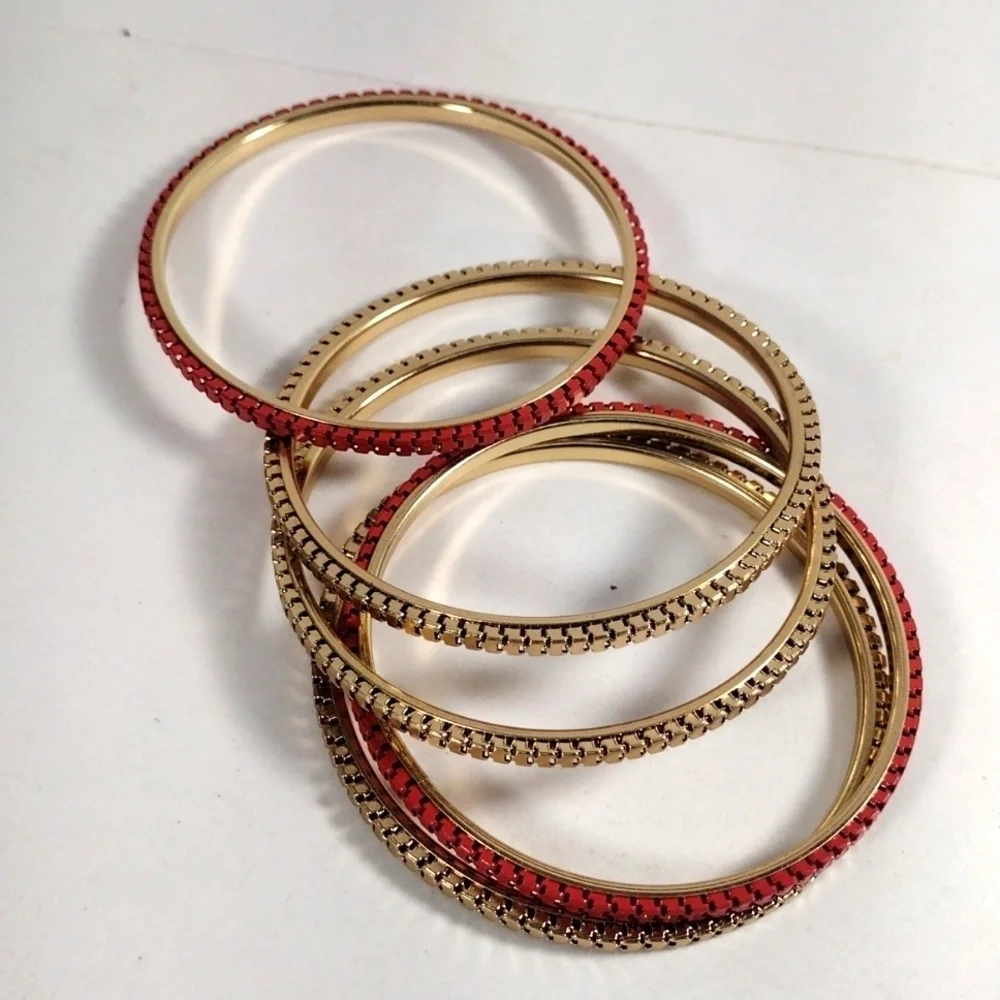 Women's Stunning Set of 5 Dainty Gold & Red Colors Bangle Bracelets Jewelry